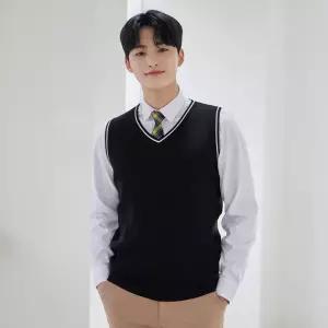 교복몰 보풀방지 블랙화이트라인 롱 조끼 남자 브이넥교복 배색 남성베스트 코스튬 코스프레 학생변장 플레