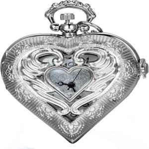 발렌타인데이를 맞아 30인치 체인이 달린 소녀 여성용 빈티지 실버 톤 하트 로켓 스타일 펜던트 포켓 시계