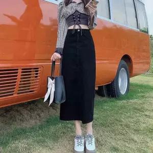 여성 블랙 색상 깔끔한 디자인 캐주얼 데님 스커트머메이드 롱스커트 밴딩 치마 미니 H라인 플리츠 새틴 A