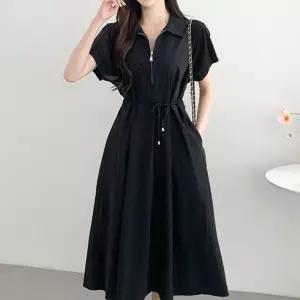 여성 레이스업 퍼프 소매 뒷면 셔링 반팔 원피스롱원피스 스커트 원피스 미디 브이넥 하객 카라 프릴 플레