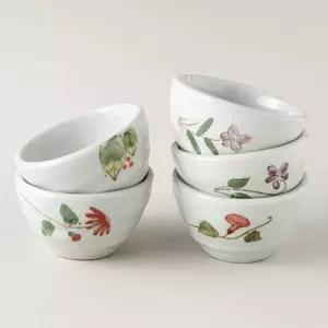 이천도자기 5가지 꽃 찻잔 5p 화이트차도구 휴대용다기세트 부부선물 신혼 다도구 도자기잔 다기잔 주기 전