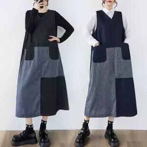 포뇨 여성 가을 빅사이즈 박시 체크 데님 나시 스커트 롱 조끼 OPH3