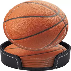 음료 바 맥주용 PU 가죽 코스터 홀더 포함 6종 세트 라운드 집들이 선물 갈색 농구 패턴