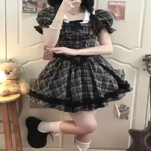 피콜로 여자 데일리룩 원피스 롱 스위트 여름 빈티지 퍼프 소매 도주 공주 스커트 체크 볼륨 H87Z2-2 KUK2