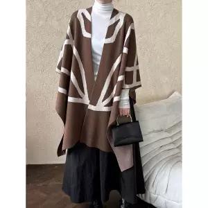 블랙팬서 울 가을 숄 여성코트 스트라이프 케이프 코트 코튼 OPH3
