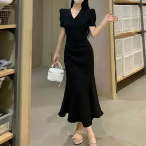 퍼프소매 슬림핏 머메이드 원피스 NM-0169반팔롱 하객 데일리 브이넥