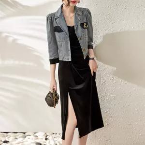 여성원피스 복고 칼라넥 데님 하프코트+벨벳 나시 투피스 심쿵해외구매