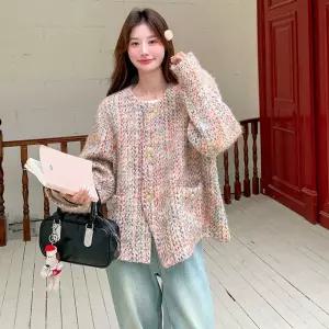 썬더볼츠 봄 여성용 여사친 하프 배색 상의 트위드 라이트 숏 박시 짜임 코트 럭셔리 KKE1