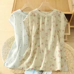 포뇨 여름 여친 린넨 단아라운드 셔츠 프린트 시스루 민소매 OPH2