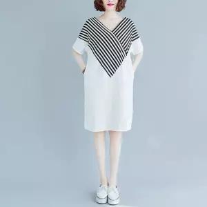 여성 하프 반팔 스트라이프 스커트 슬림핏 빅사이즈 캐주얼 브이넥 원피스 러시 H64Z2A OP1