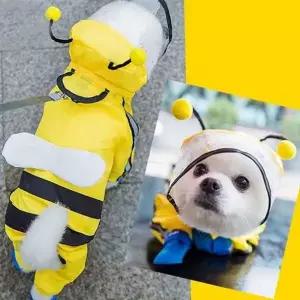꿀벌 강아지 우비 후드 애견 우비 산책 레인코트 노랑 네발
