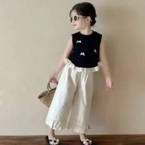 여아 민소매 레이스 백터 꽃무늬 2025 여름 신상 키즈 우아한 나비 리본 투피스 세트