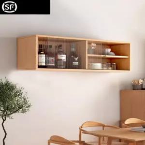 선반 컵 수납장 홈카페 80x33.4x28cm 그릇 불투명유리 월넛 소스통 주방 + 벽걸이