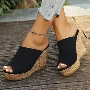 엘럽 여성 하계 웨지힐 샌들 웨지 토오픈 송편 통굽 빅사이즈 편안한 슬리퍼 박템2