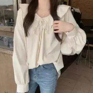 [SBD] 스트링 연베이지 블라우스 넥프릴 라운드 퍼프소매