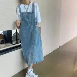 [SBD] 롱 언발란스 여성용 멜빵 원피스 데님 캐주얼 스타일 스커트