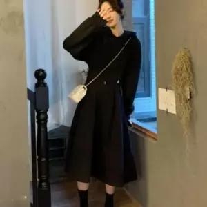 [SBD] 미디 브이넥 디자인 원피스 핀턱 후드 반팔 프릴 니트 허리 여성용 루즈핏