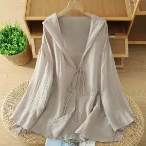 엘럽 여성용 캐주얼 자외선 코튼 차단 애니 스트랩 상의 가벼운 후드 린넨 빅사이즈 서머 후드티 원템2