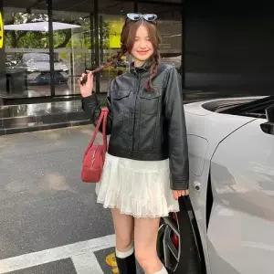 엘럽 여성 가을 캐주얼 가죽 재킷 퍼 쇼트 코트 슬림핏 라이더 PU 원템3