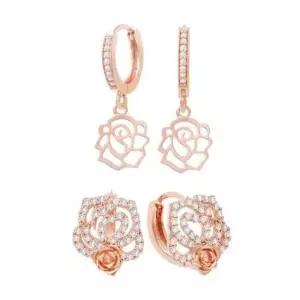 진주귀걸이 로즈골드 금침 큐빅 장미 꽃 원터치 링 귀걸이 14K