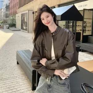 엘럽 가을 캐주얼 여성용 재킷 코트 점퍼 레더 PU 모터사이클 가죽 슬림핏 박템3