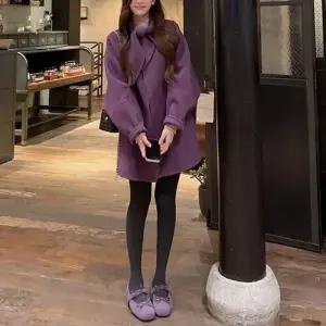 엘럽 여성 모직 보라색 코트 넥 캐시미어 박템1