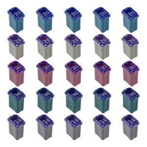 Tuxihap 25PCS 카트리지 퓨즈 15A 20A 멀티 스퀘어 25A SUV 트럭용 미니 모양 맥케이스 FMM 블로우 구색 타입 25PCS 30A 슬로우 40A 키트 여성 컬러 자동차 박스