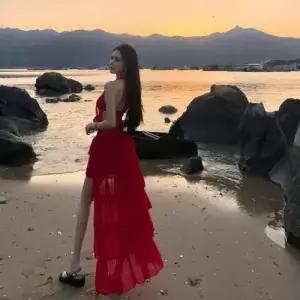 여자 원피스 레드 봄 빈티지 하객 해변 바캉스룩 펀칭 홀터 테일 드레스 ST1