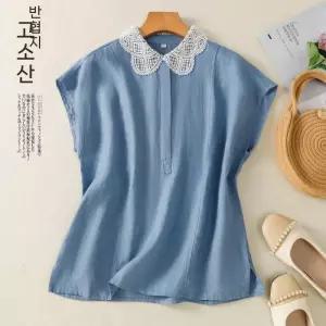 엘럽 하계 여자 면 소매 티셔츠 린넨 레이스 네모단추 펀칭넥 박템2