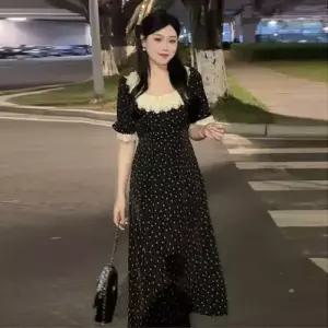 여성용 원피스 스커트 롱 검정 여름 럭셔리 플라워 미디엄 프릴넥 반팔 하객 ST2