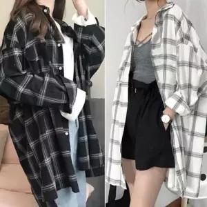 [라일리여성의류] Rly 여성 봄 가을 오버핏 베이직 롱남방 힙덮는 체크