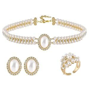 결혼식 신부 생일 티 파티를 위한 목걸이 팔찌 반지 귀걸이가 포함된 여성용 W ENET 진주 주얼리 세트