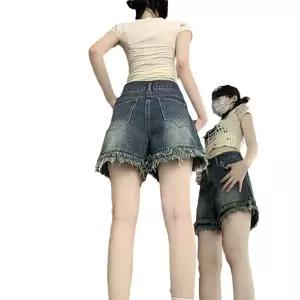 여자 청 빈티지 여름 퍼 청반바지 핫팬츠 하이웨스트 반바지 워싱 A라인 와이드 청바지 BE2