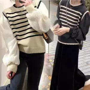 [옷은날개] 유니크한 여성 스트라이프 팔 셔링 니트 블라우스