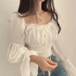 [SBD] 여성 셔링 레이스 오프숄더 우아한 스모크 블라우스