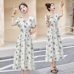 여사친 원피스 스커트 여름 브이넥 프린트 플라워 롱스커트 슬림 패턴 허리조임 A라인 SPO마켓2