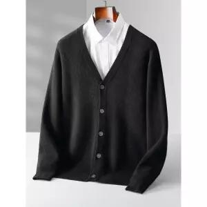남자 니트 코트 상의 순모 봄가을 도톰 카디건 긴팔 순색 루즈핏 브이넥 100 OP3