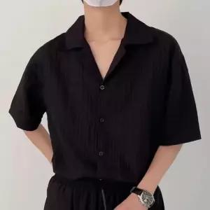 [다잇템]남자 여름 간절기 플리츠 오픈카라 반팔 셔츠