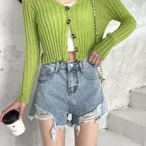 [아이에스이랩]쿨썸머 하이웨스트 A라인 찢 데님 청 반바지 IW2PT001