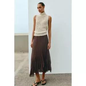 ZARA 자라 레이스 프릴 미디 스커트 - 브라운 145799