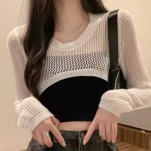 [옷은날개] 레이어드룩 크롭 그물 나시 소재 긴팔 티셔츠