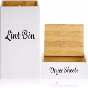 세탁실용 FJO 마그네틱 보푸라기 상자 - 뚜껑이 있는 대나무 벽걸이 건조기 시트 홀더 세탁 포드 디스펜서