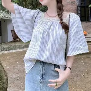 [SBD] 스퀘어넥 자수 블루 스프라이이트 포인트 블라우스