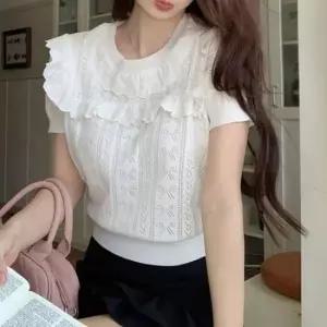 [SBD] 펀칭 퍼프 리본 프릴 블라우스 넥라인 패턴 소매 이중