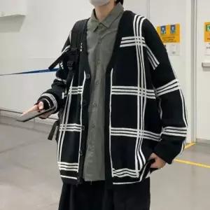 [다잇템]남자 간절기 가을 도톰 체크 브이넥 가디건