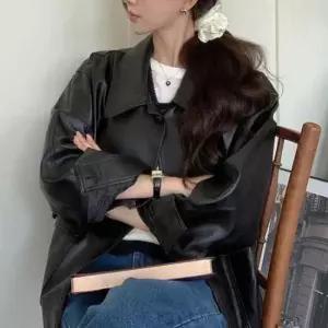 여자라이더자켓 카라넥 오버핏 여성라이더자켓 가죽재킷 루즈 바이크