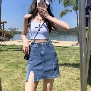 데일리룩 롱다리 A라인 데님 스커트 슬릿 청치마