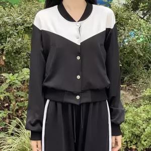 [반해써](투피스세트) 간절기 스냅 배색 자켓 와이드 팬츠 트레이닝 세트 T_YW1224