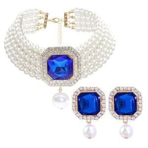 여성용 펄 목걸이 골드 크리스탈 칼라 성명서 귀걸이 신부용 다이아몬드 보석 세트 결혼식