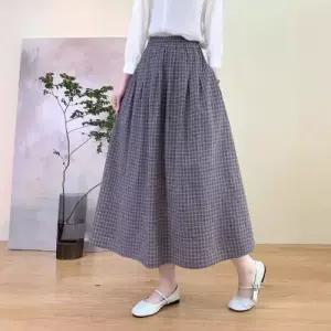 치마 롱 면 빈티지 캐주얼 봄 여성용 밴딩 데일룩 마 A라인 체크 DAOL1